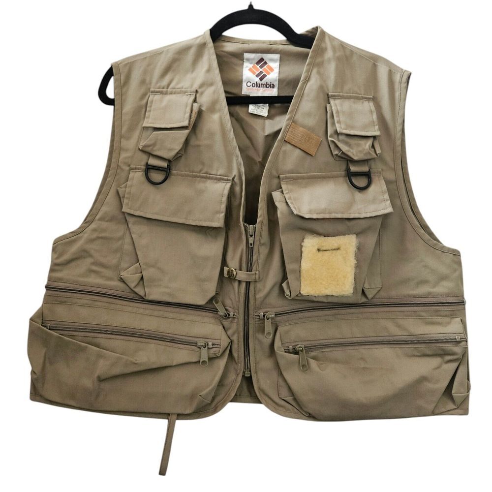 Columbia Vest Mens L‎ VTG Lt Brown Outdoors Fishing Photography Utility Pockets